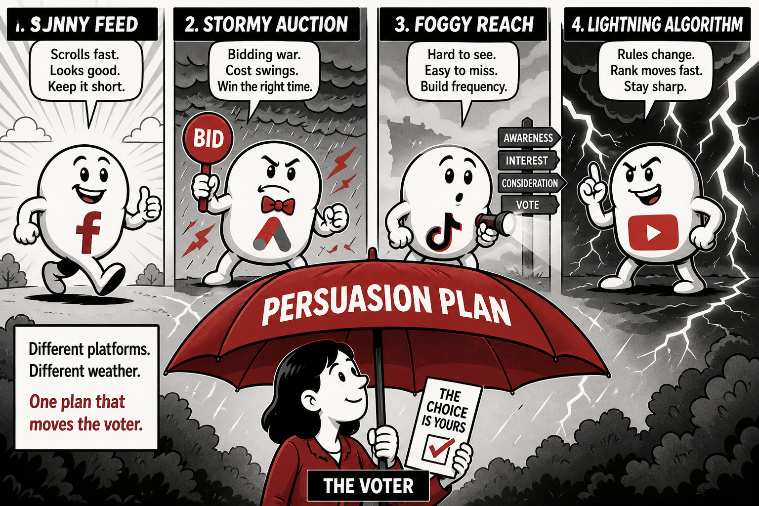 Different platforms, different weather — one persuasion plan