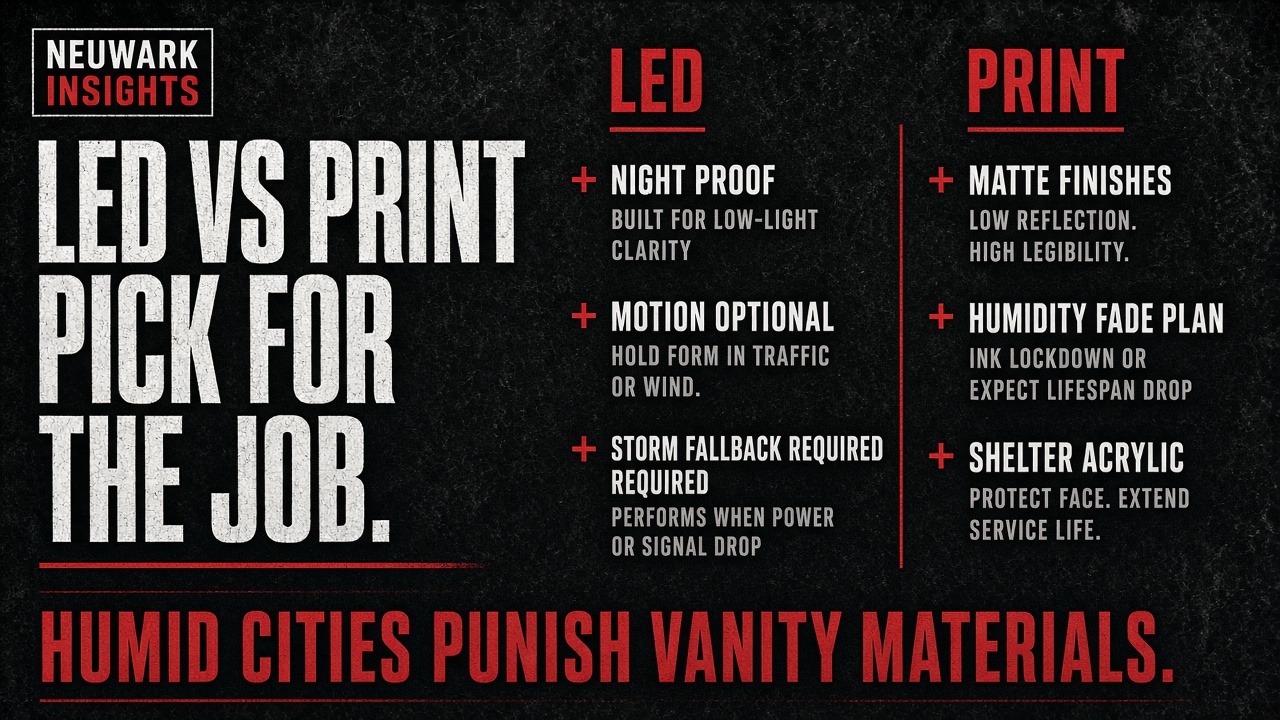 LED vs print in humid cities — pick for the job