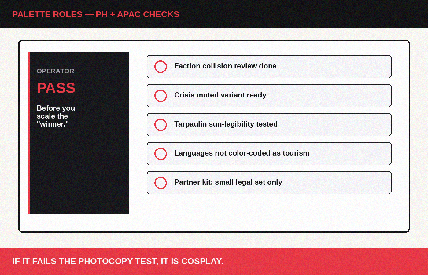 Color roles: signal, field, proof, caution