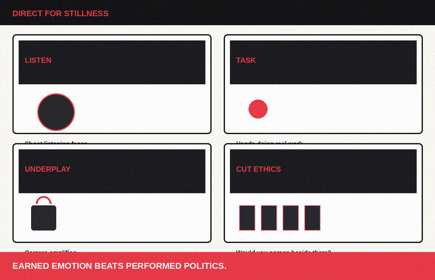 Direct for stillness—earned emotion, not performance