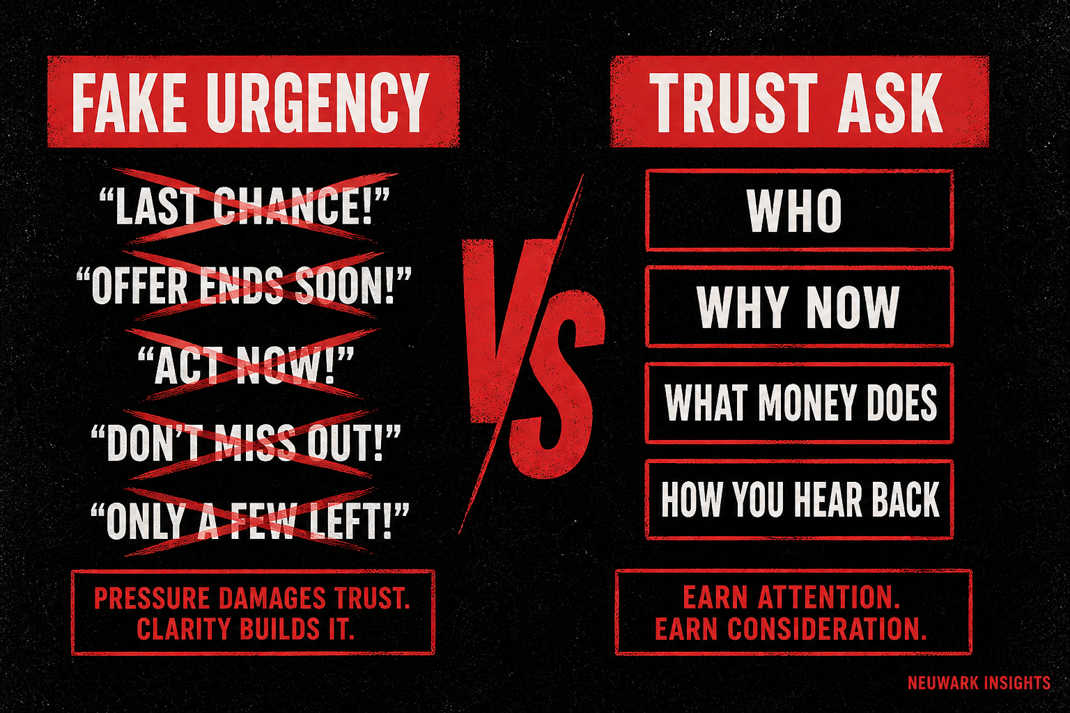 Fake urgency raises once; trust raises again